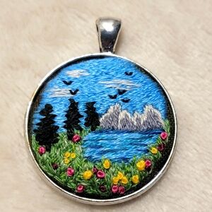 Handmade Embroidered Pendant with Mountain Lake Nature Scene
